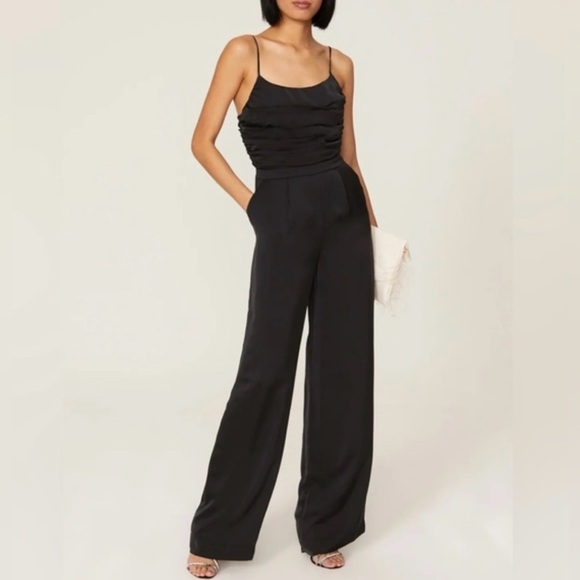 Ramy Brook Black Satin Ezra Jumpsuit size 8 wide leg designer classic piece - Picture 1 of 12